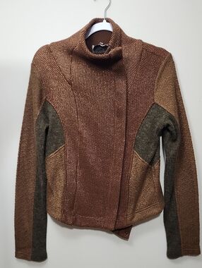 Miss Me Vintage Mixed Media Knit Moto Jacket Asymmetrical Shimmer Earth Tone Med